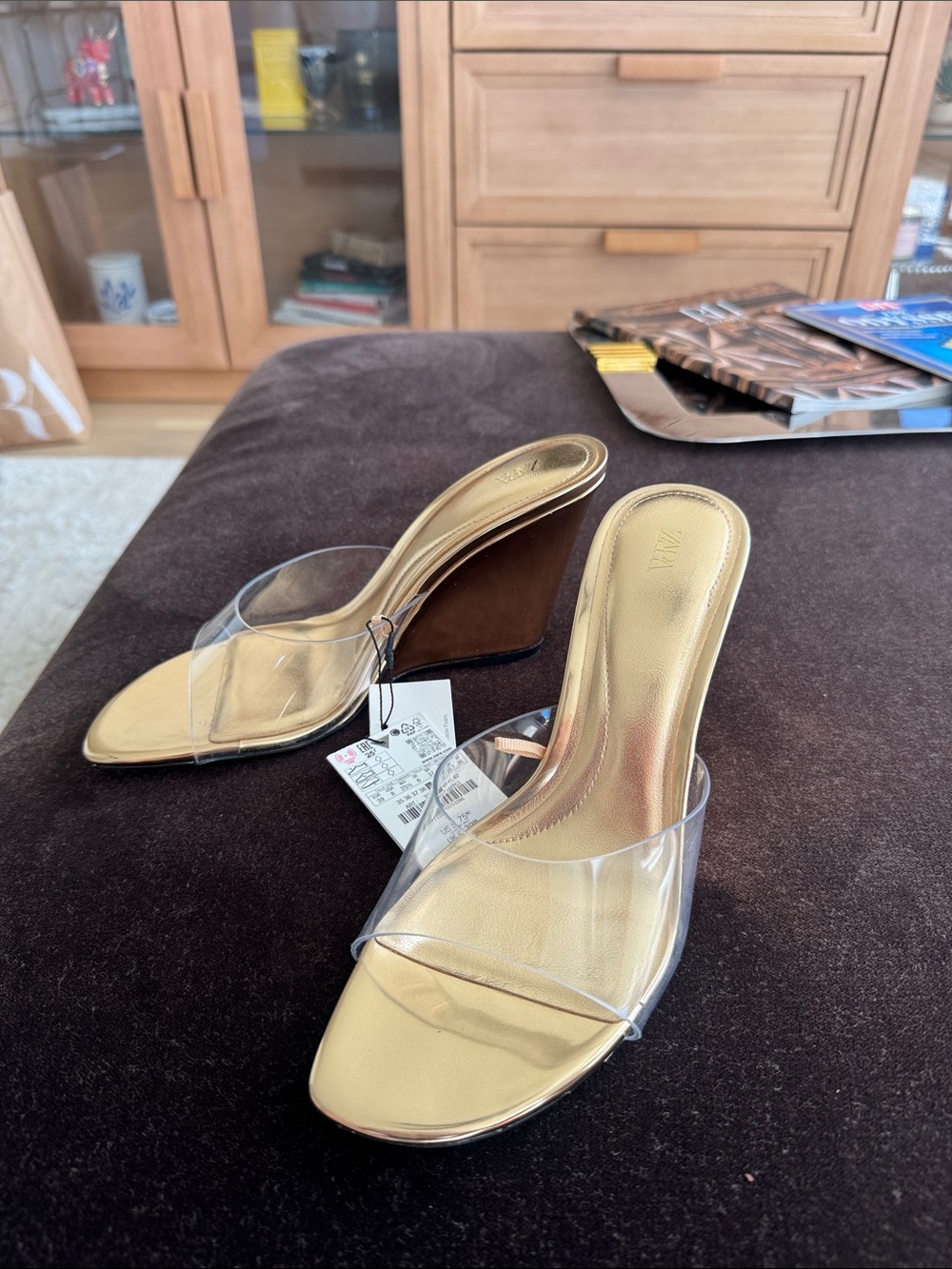 Zara Clear Strap Gold Wedge Mules